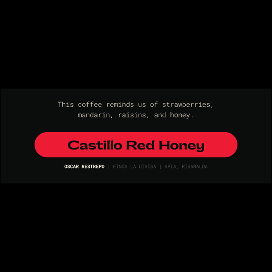 Castillo Red Honey Coffee Bag - Finca La Divisa, Specialty Colombian Coffee with notes of strawberries, mandarin, raisins, and honey. Elevate your coffee ritual with our exquisite brew.